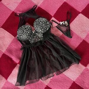 black embroidered babydoll dress and thong 🖤🪩⭐️